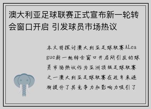 澳大利亚足球联赛正式宣布新一轮转会窗口开启 引发球员市场热议