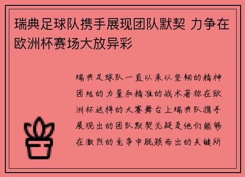 瑞典足球队携手展现团队默契 力争在欧洲杯赛场大放异彩