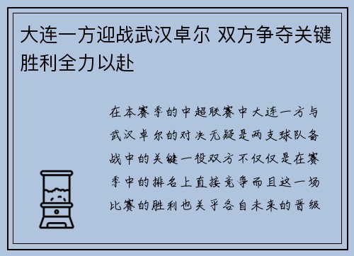 大连一方迎战武汉卓尔 双方争夺关键胜利全力以赴