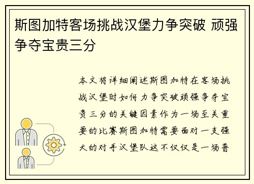 斯图加特客场挑战汉堡力争突破 顽强争夺宝贵三分