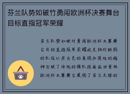 芬兰队势如破竹勇闯欧洲杯决赛舞台目标直指冠军荣耀