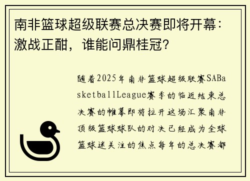南非篮球超级联赛总决赛即将开幕：激战正酣，谁能问鼎桂冠？