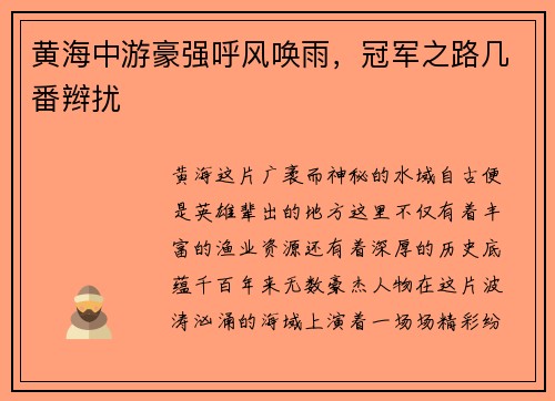 黄海中游豪强呼风唤雨，冠军之路几番辫扰
