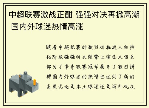 中超联赛激战正酣 强强对决再掀高潮 国内外球迷热情高涨